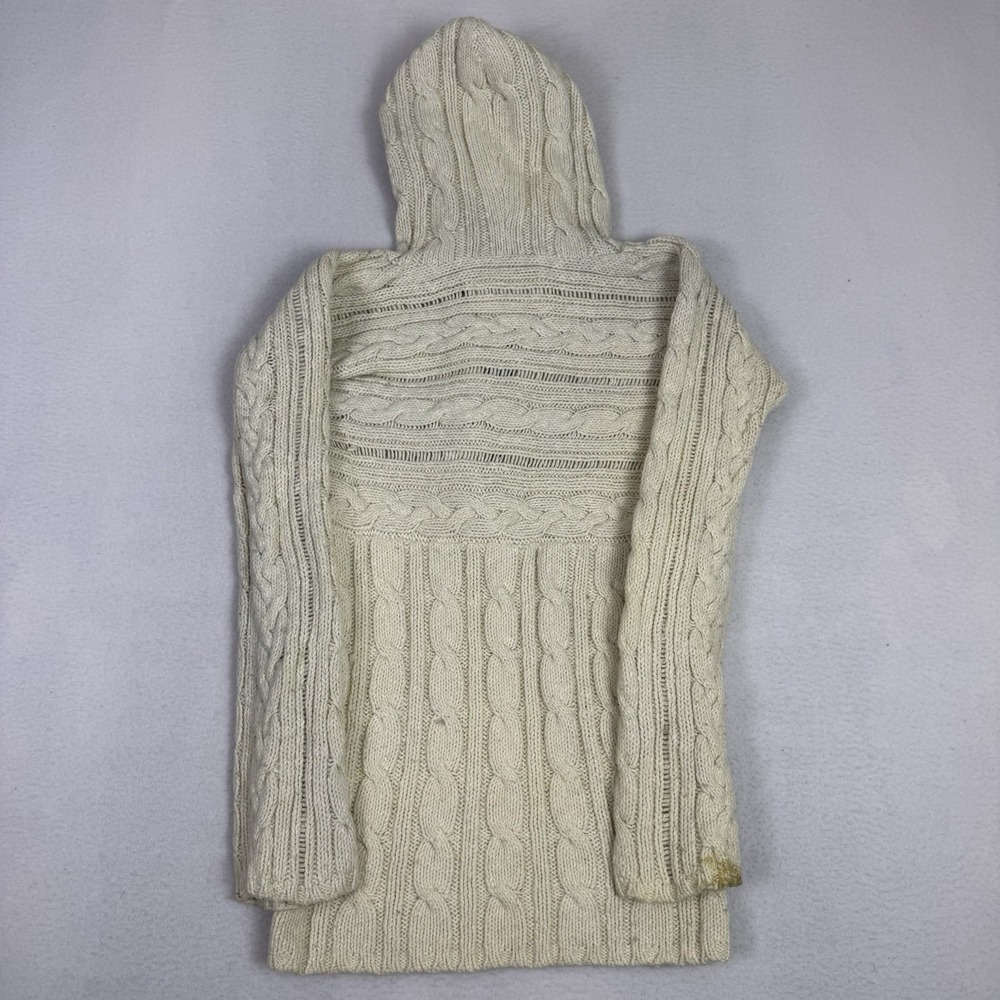 Vintage Old Navy Women M Cream Cable Knit Toggle Hoodie Faux Fur Trim - Picture 9 of 9